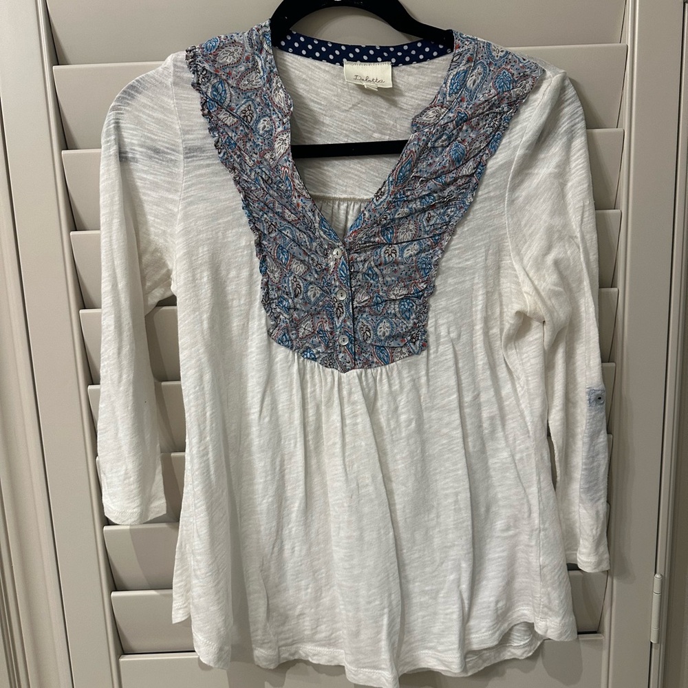 Anthropologie White Blouse with Blue Accents